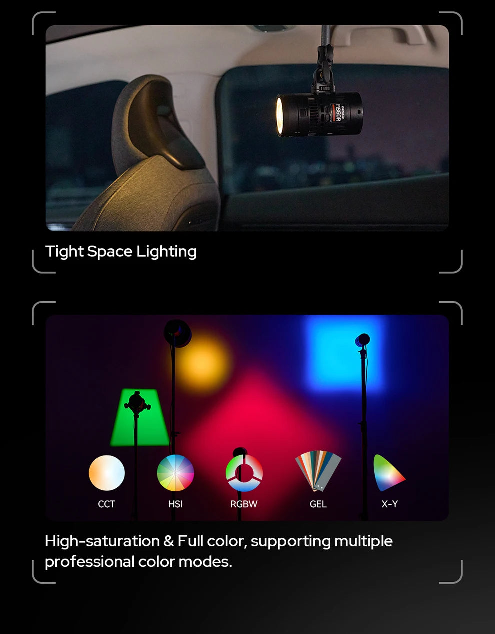Small, black cylindrical LED light for tight spaces and studio use with multiple color and lighting mode settings.