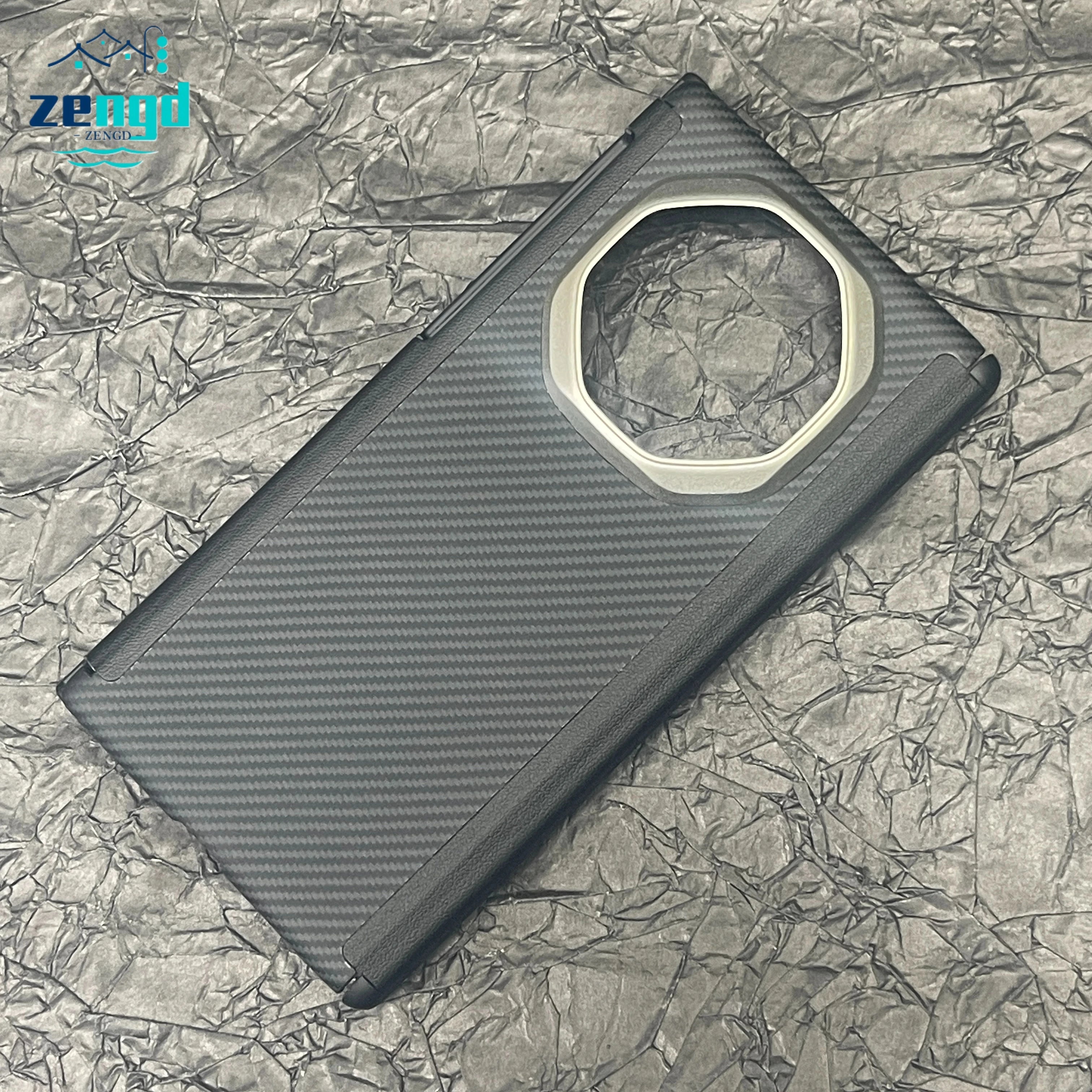 Black carbon fiber phone case with a large, octagonal metallic camera cutout for protection and styling.