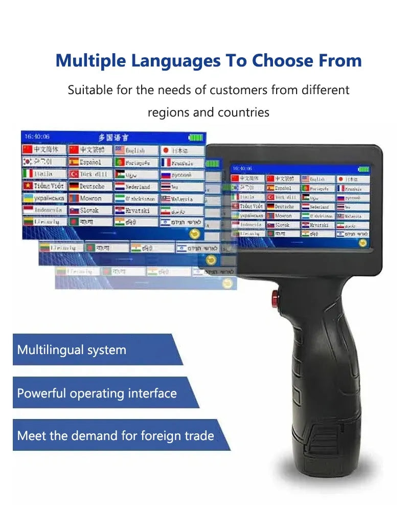 Black handheld inkjet printer with multilingual system interface