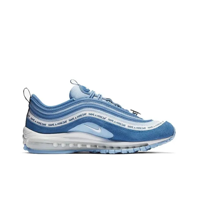 Nike Air Max 97 Have A Nike Day sneakers in blue suede and mesh with white cushioning and signature wavy side panels.