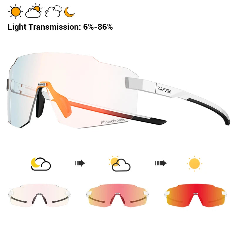Photochromic cycling sunglasses with clear-to-orange shield lenses and white frame
