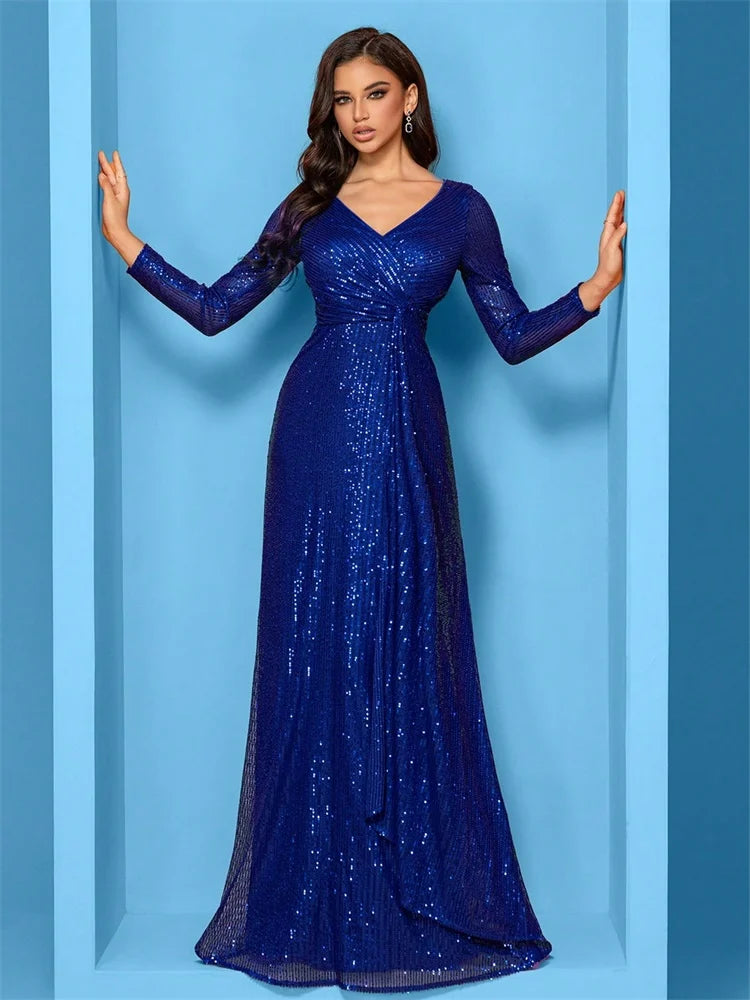 Luxury Floor Length V-Neck Evening Dresses 2025 Women Elegant Wedding Party Maxi Dress Sequins Long Sleeves Prom Cocktail Gowns