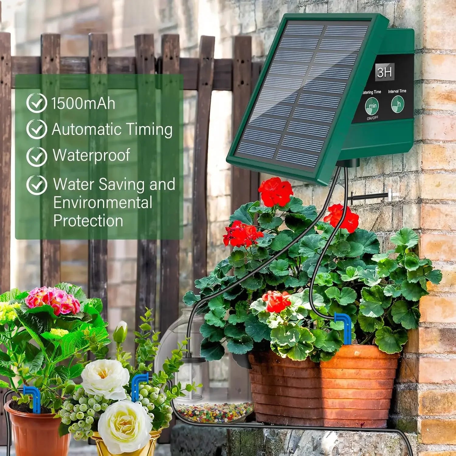 Solar drip irrigation kit with wall-mounted green control box and solar panel for planters