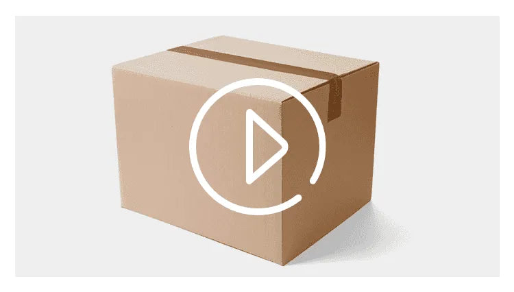 Shipping box with play icon, cardboard parcel for handheld PDA delivery