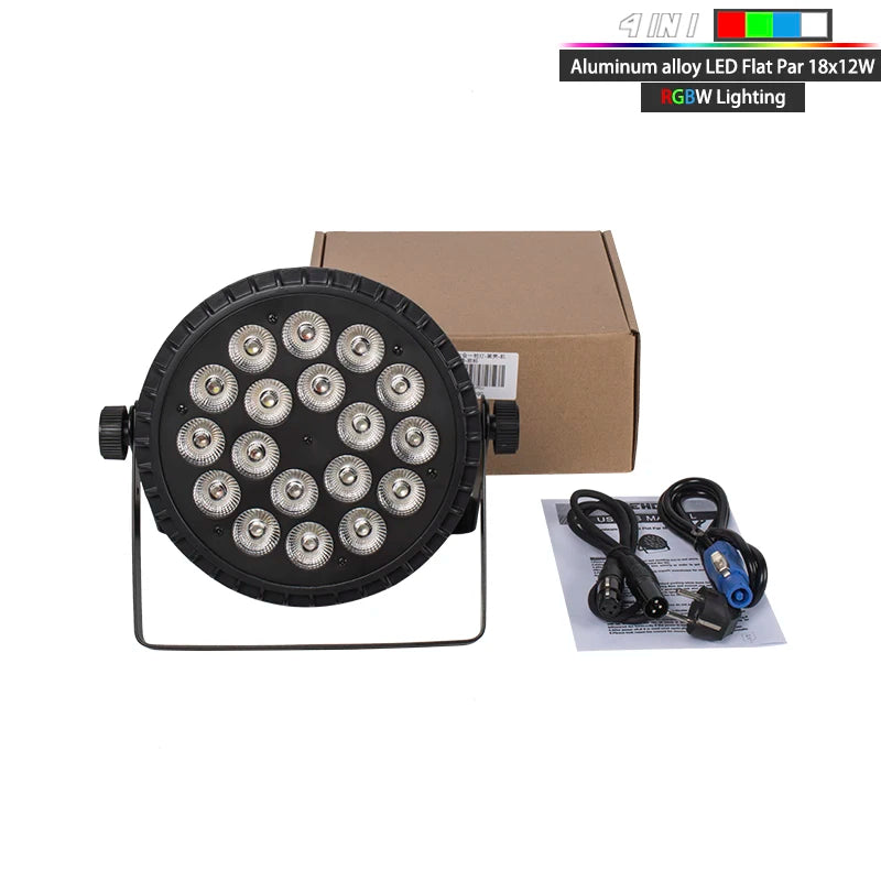 Aluminum LED flat par light (18x12W) with RGBW, boxed with power cables