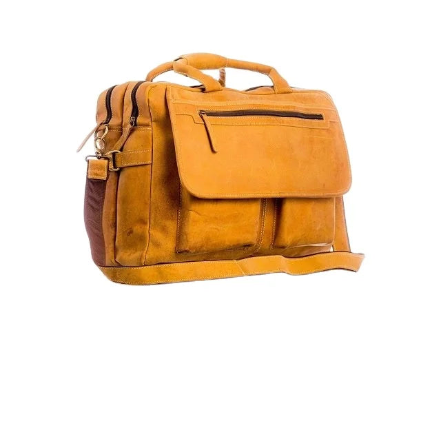 Vintage yellow genuine leather business briefcase with zip pockets, top handle, and adjustable crossbody strap.