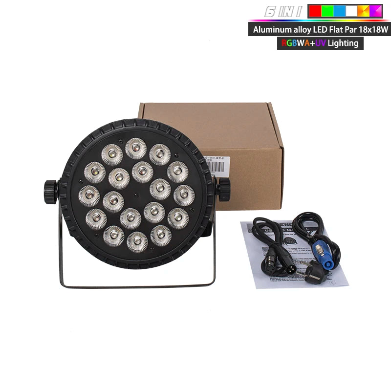 Aluminum LED flat par light (18x18W) with RGBWA+UV, boxed with power cables