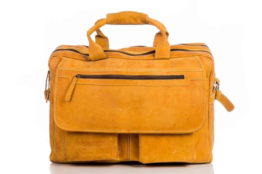 Handmade vintage yellow genuine leather business briefcase with zipper pockets, dual handles, and professional style.