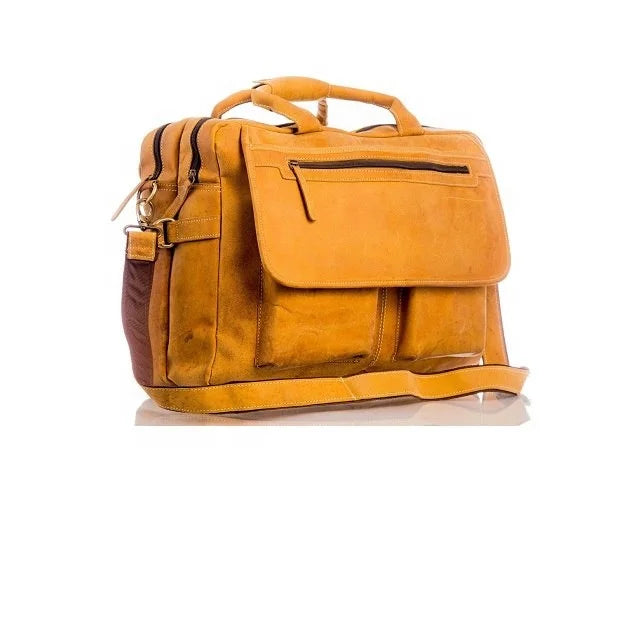 Vintage yellow genuine leather business briefcase with zipper pockets, top handles, and adjustable crossbody strap.