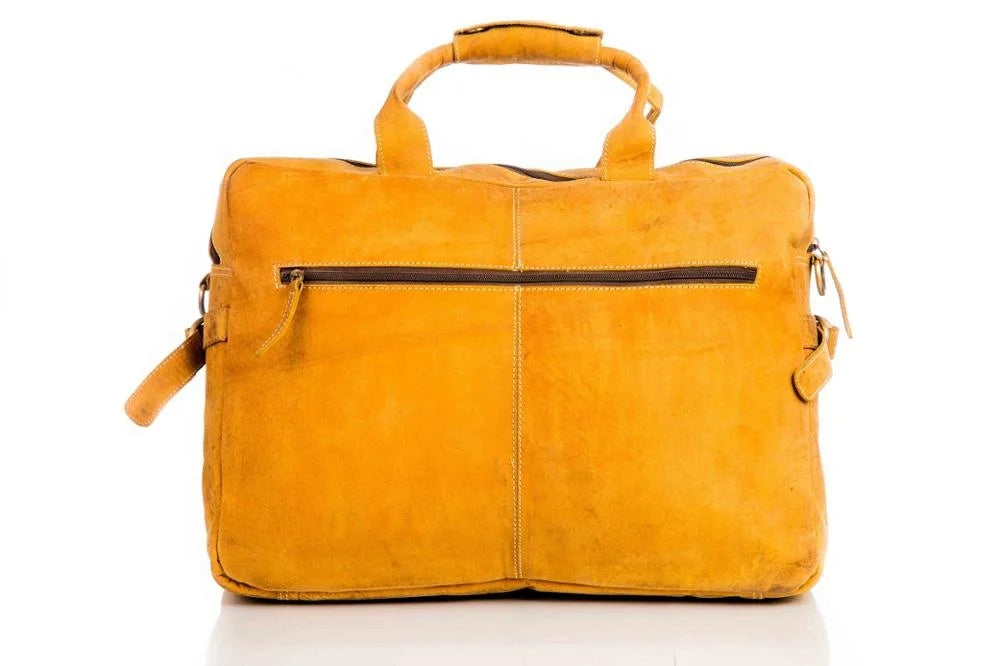 Handmade vintage yellow genuine leather business briefcase with zipper pockets and sturdy top handles.