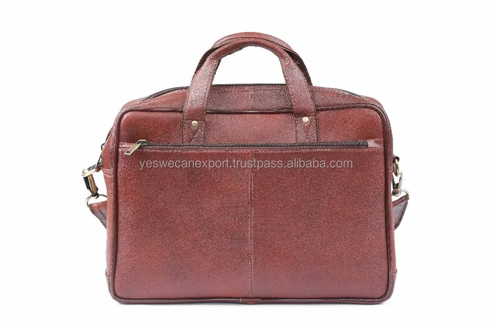 Vintage brown genuine leather 15.6-inch laptop briefcase with top handles, front zip pocket, and professional style.