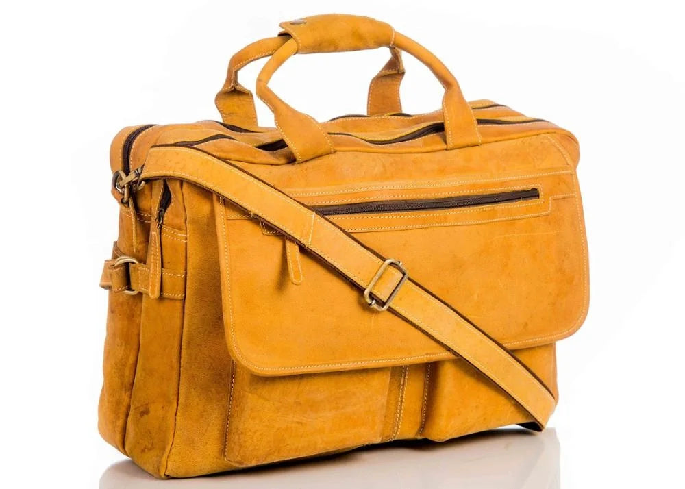Handmade yellow genuine leather business briefcase with crossbody strap, zip pockets, and vintage style.
