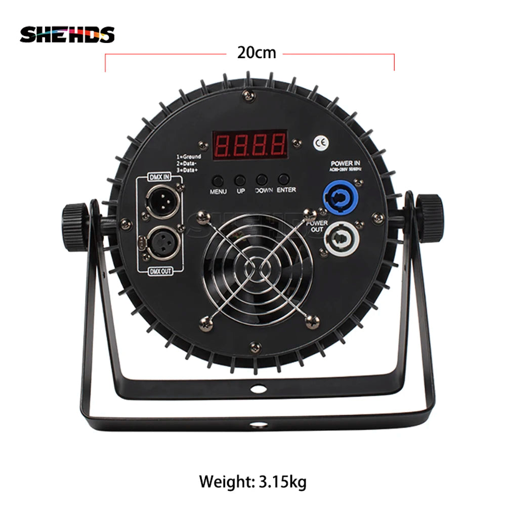 Front control panel of black LED flat par stage light with display and power button