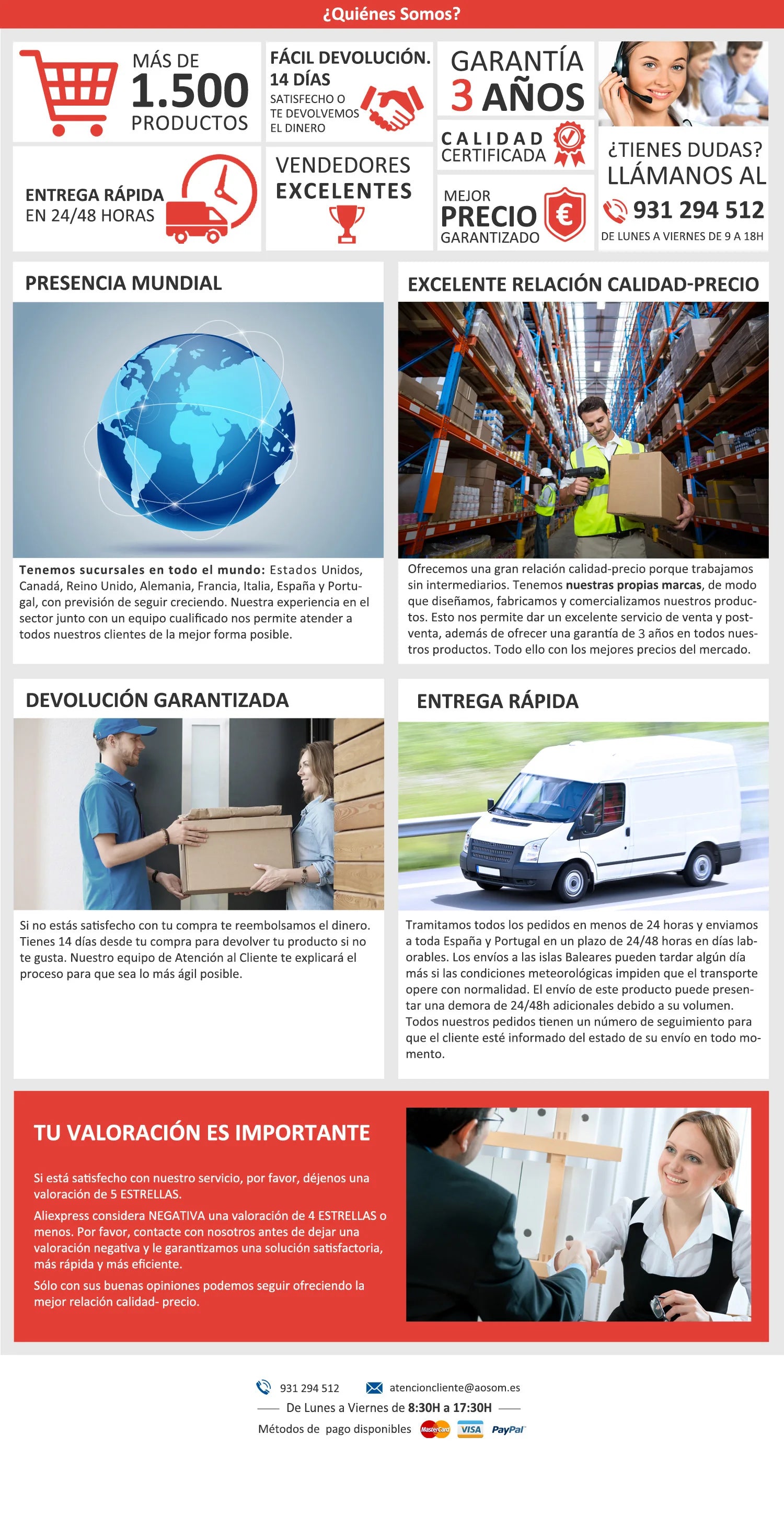 Warranty and shipping information flyer with icons and customer-service details