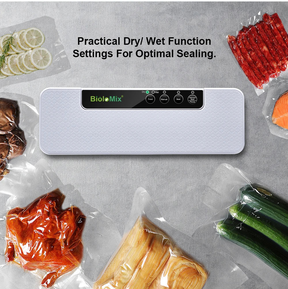BioloMix Automatic Food Vacuum Sealer Wet or Dry Food Saver Packing Machine with 10pcs Free Bags for Sous Vide White/Black W230