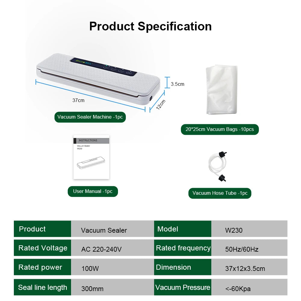 BioloMix Automatic Food Vacuum Sealer Wet or Dry Food Saver Packing Machine with 10pcs Free Bags for Sous Vide White/Black W230