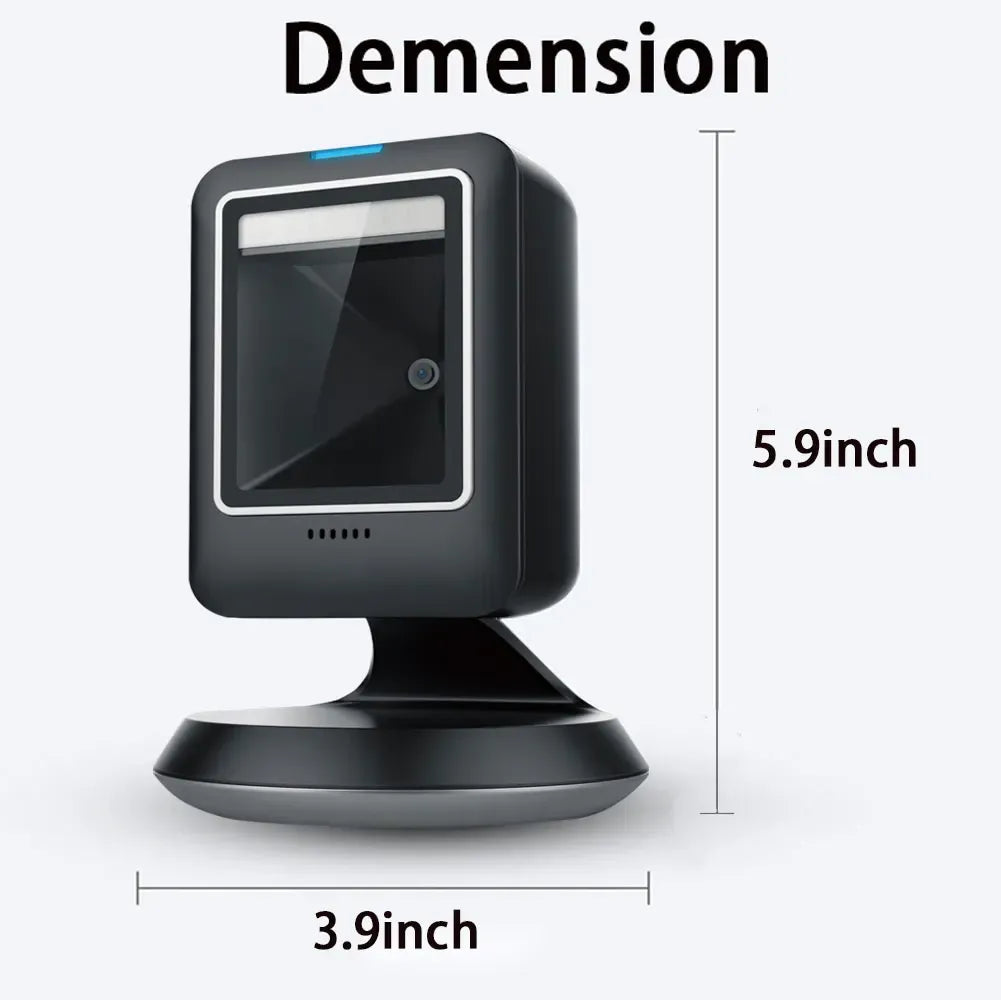 Black desktop barcode scanner with compact 5.9 in height and 3.9 in base size