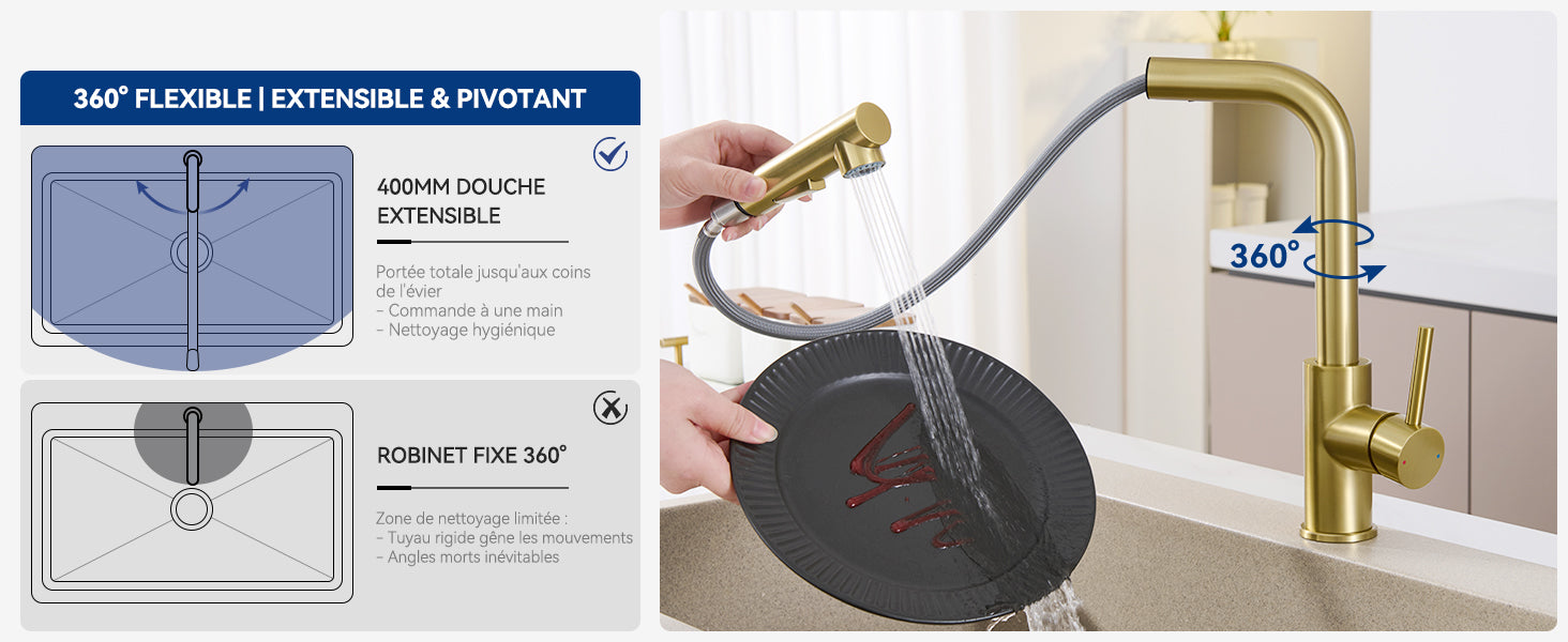 Kitchen faucet with pull-out shower, 2 jets, 360° swiveling pull-out shower, brushed kitchen mixer