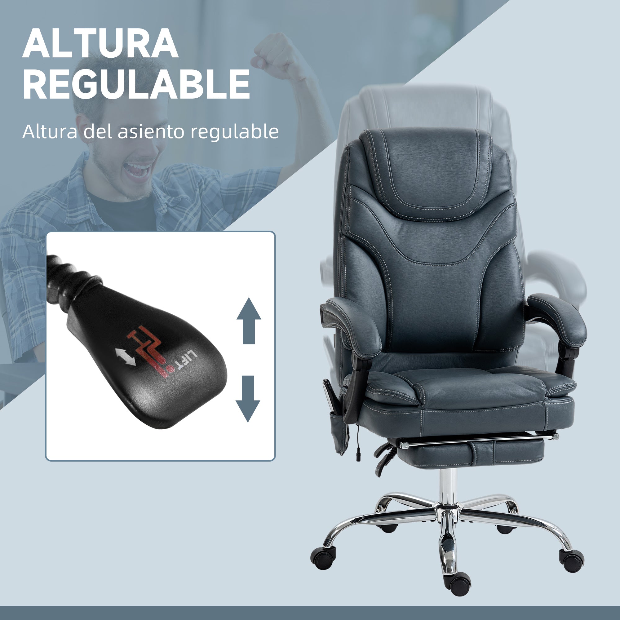 Gray ergonomic massage recliner chair with padded headrest, armrests, and chrome base.