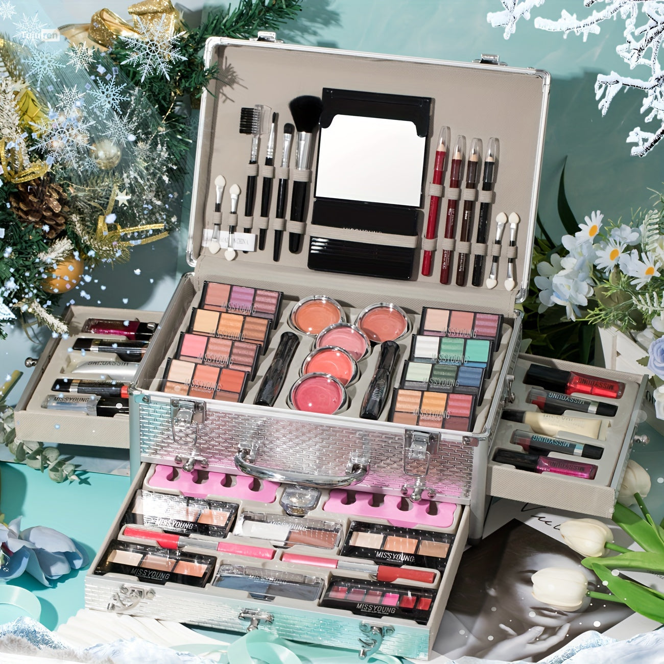 This 106pcs Luxury Cosmetics Gift Set Includes an Eyeshadow Palette, Lip Gloss Set, Lipstick, Concealer, Blush, Mascara, Eyeliner, Loose Powder Brush, And More, All Combined Into One Makeup Gift Set—Perfect for Mom, Best Fr Silvery Tidesmit