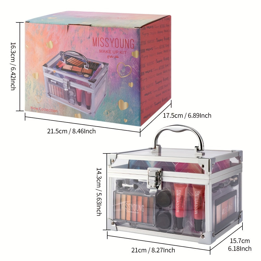 All in One Full Makeup Kit Aluminum Makeup Storage Case Train Case with Eyeshadow Palette Eye Pencil Contour Powder Lipsticks Lipgloss Eyeshadow Cream Applicator Sharpener Mirror, Makeup Gift Set for Women Girls & Teens,Easy Tidesmit