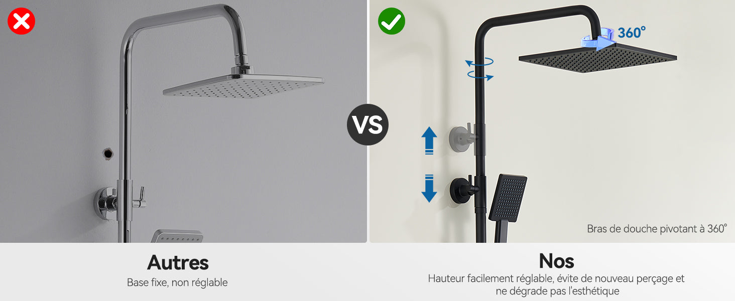 Shower bar with thermostatic mixer tap, anti-scald mixer tap, 25x25 cm shower, adjustable shower bar without drilling, Black