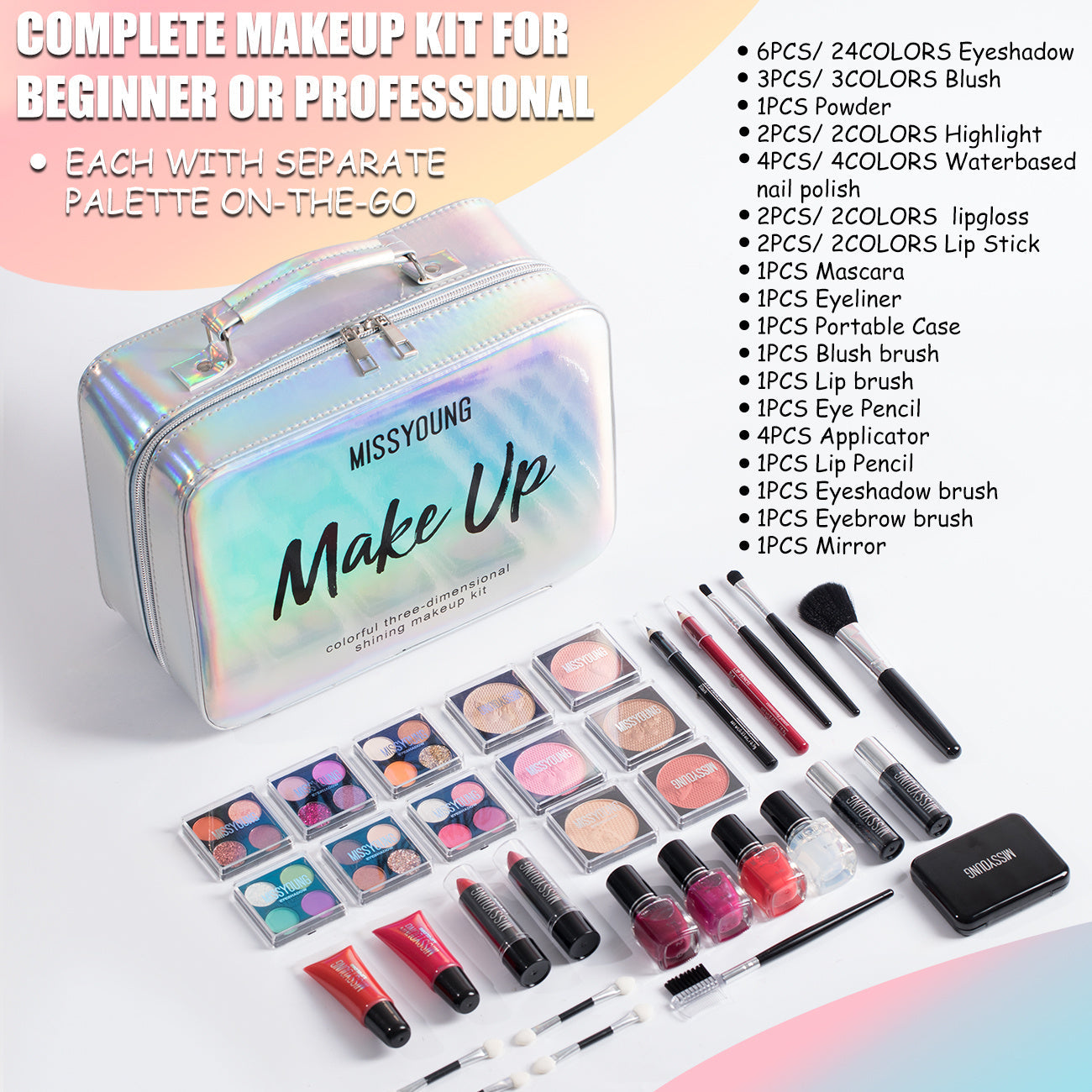 Fashion Streamer Silvery Professional Travel Case: Includes eyeshadow and blush, lipstick, mascara, eyeliner, foundation, brush, etc. -Instant freshness from gym to office, easy and stylish travel, gift for all girls, Gym Es Tidesmit