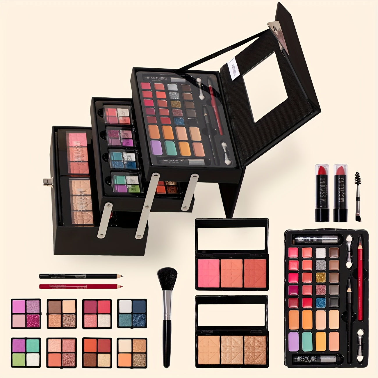 53pcs Night Black Step Case Makeup Set - Portable, Waterproof Design with Eyeshadow, Highlighter, Blush, Concealer, Lip Gloss, Eyeliner, Eyebrow Pencil, Brushes Tidesmit