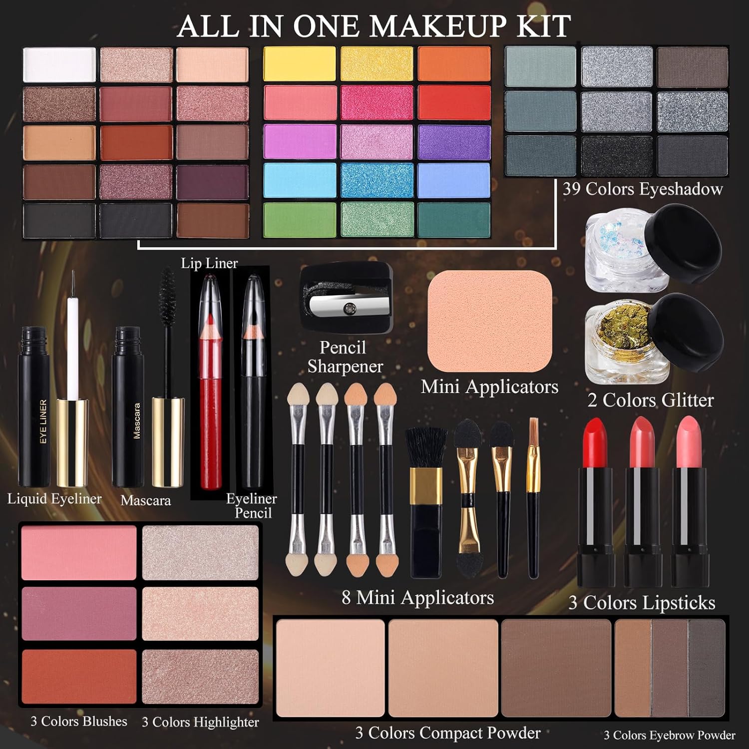 Christmas Makeup Kit 60 Colors All in One Set with Mirror | Includes Blusher, Highlighter, Compact Powder, Brow Powder, Lipstick, Glitter, Eyeliner, Mixed Color System, Paste Form | Makeup Gift for Women Tidesmit