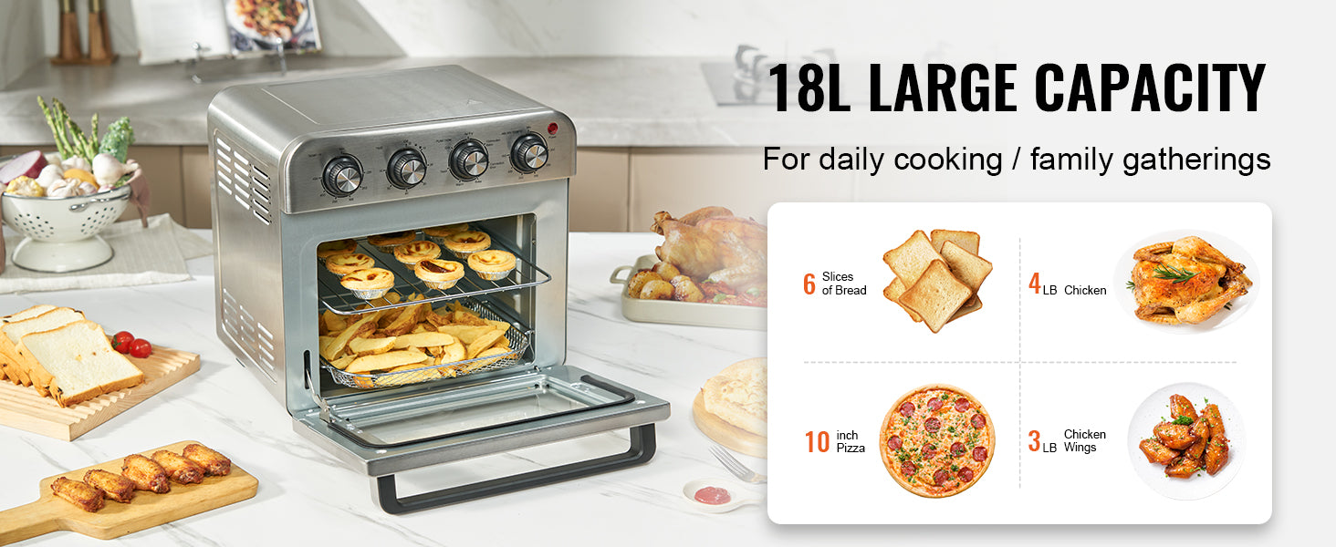SucceBuy 18L 1700W Air Fryer Toaster Oven Stainless Steel Toaster Ovens Countertop Combo with Grill Home and Commercial Use