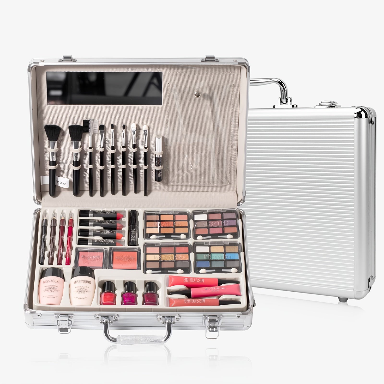All-In-One Luxury Makeup Kit - Professional Complete Beauty Set with Highly Pigmented Eyeshadow, Blush, Highlighter, Lipstick, Brushes & More in Portable Case - Travel-Friendly One-Stop Collection for Women (Gift Box) Silvery Tidesmit