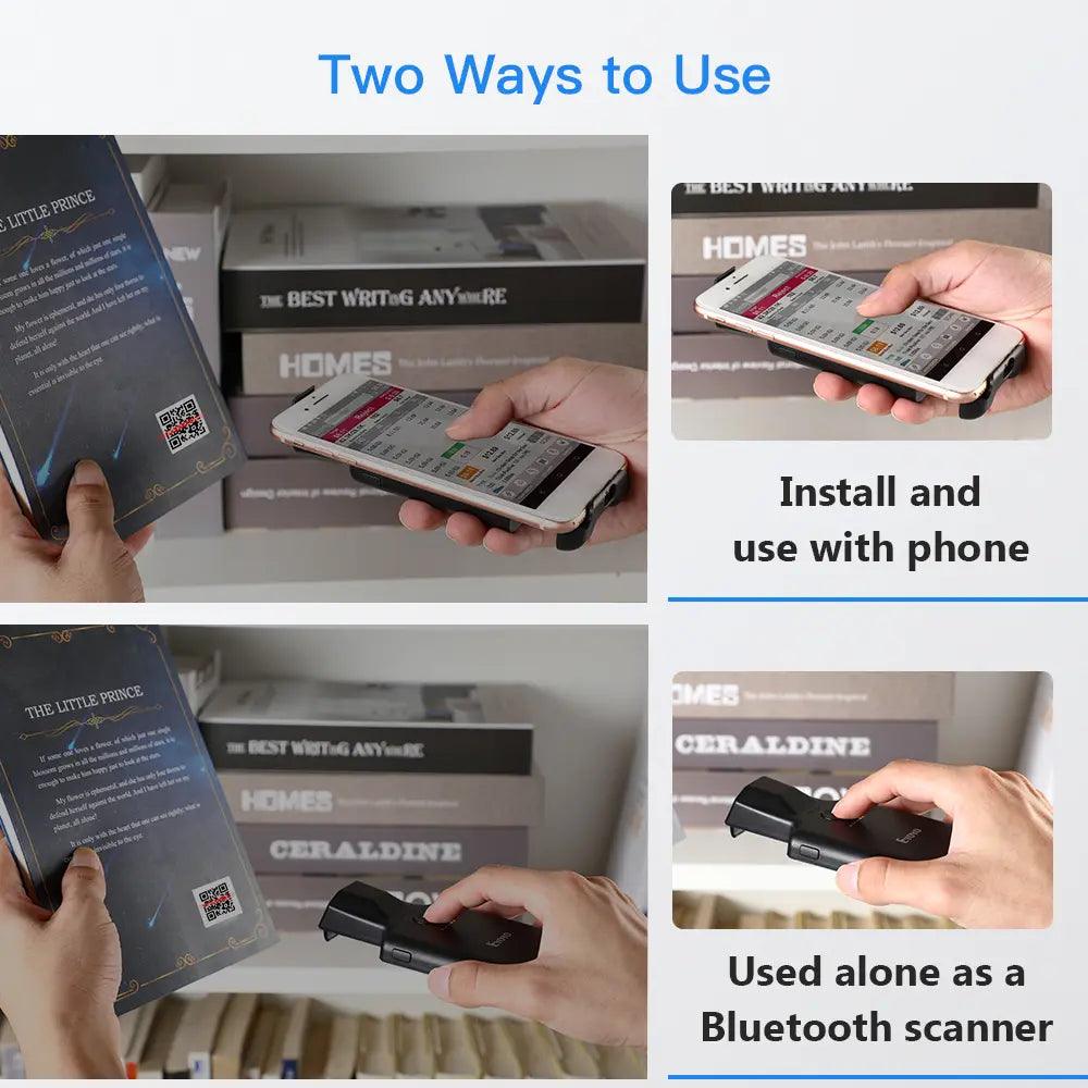Phone clip barcode scanner used as a Bluetooth scanner in two handheld scanning views