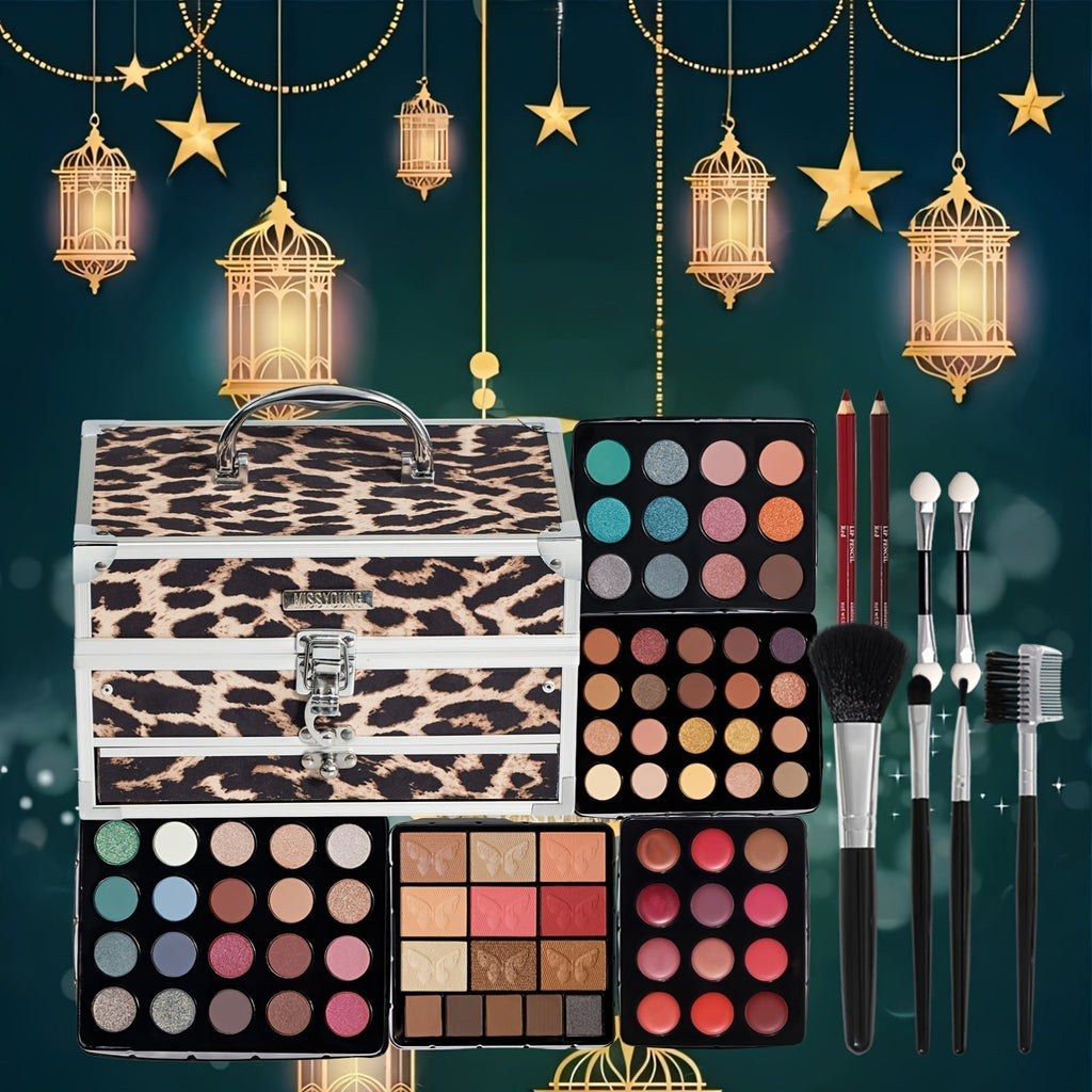 127pcs Portable Cosmetic Set | Leopard Print Gift Box with Lipstick, Eye Shadow, Highlight Powder, Rainbow Color Cosmetics, Includes Cosmetic Tools and Case, Ideal for Gifting Tidesmit