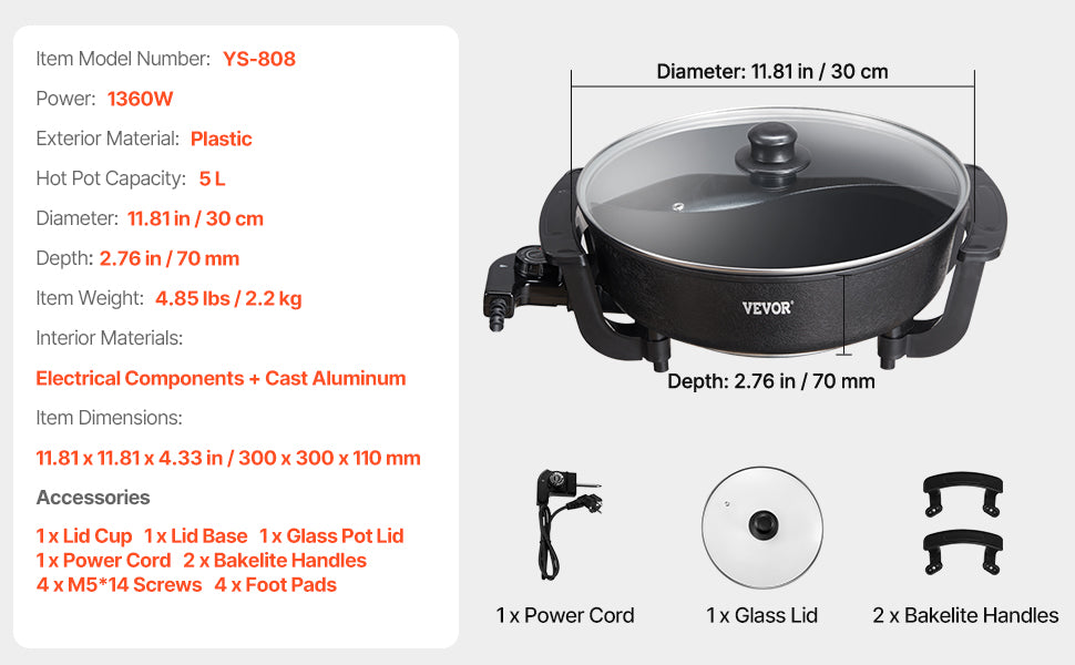 Black 5 L electric hot pot with glass lid, power cord, and Bakelite handles