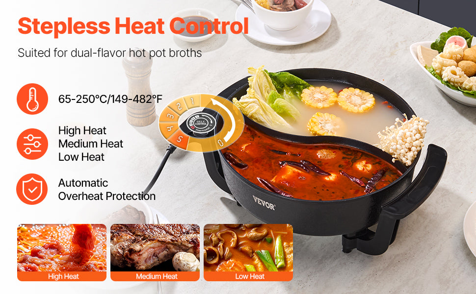 5 L electric hot pot with glass lid and divided non-stick cooking pan, black