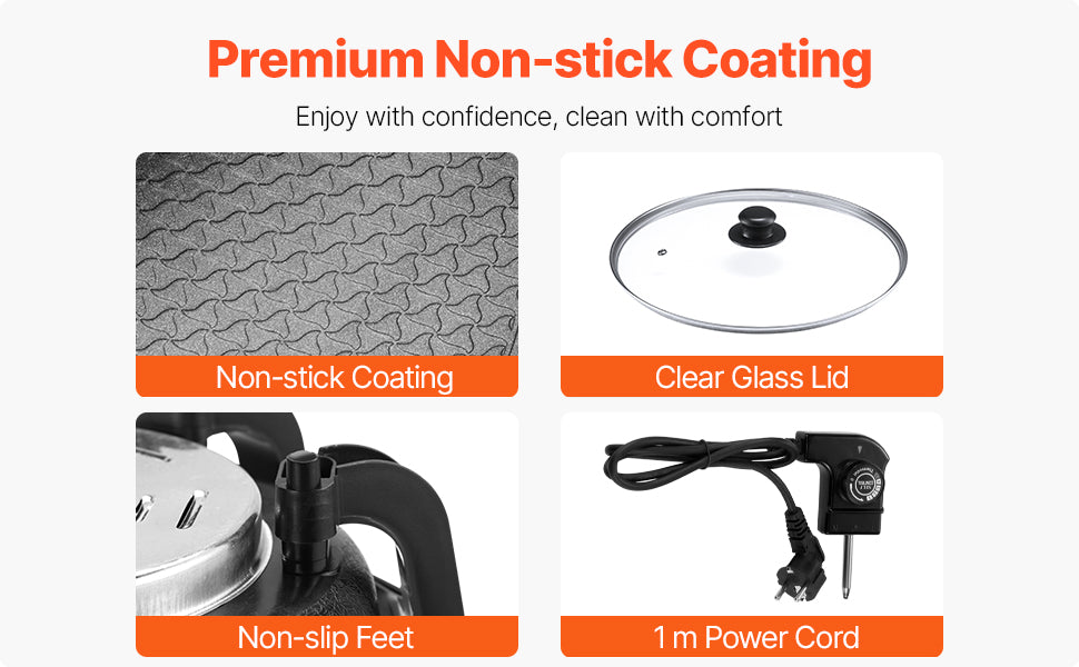 Electric hot pot with clear glass lid, non-stick coating, non-slip feet, power cord