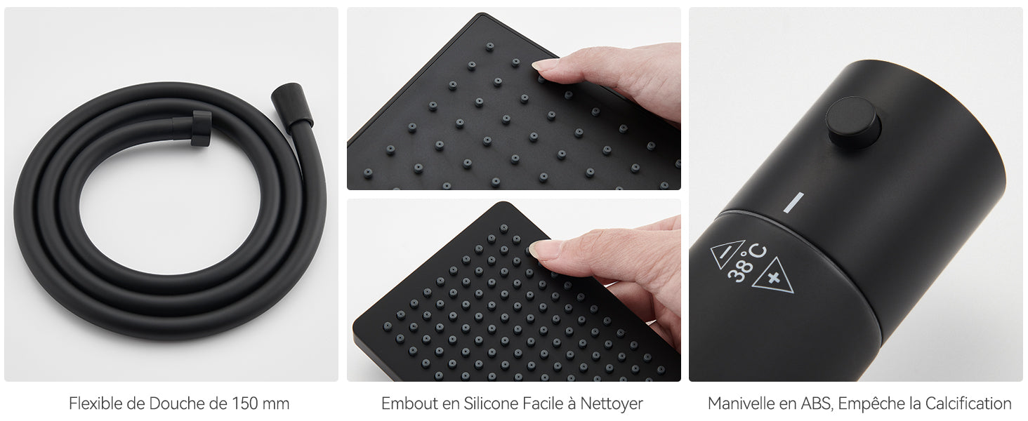 Shower bar with thermostatic mixer tap, anti-scald mixer tap, 25x25 cm shower, adjustable shower bar without drilling, Black
