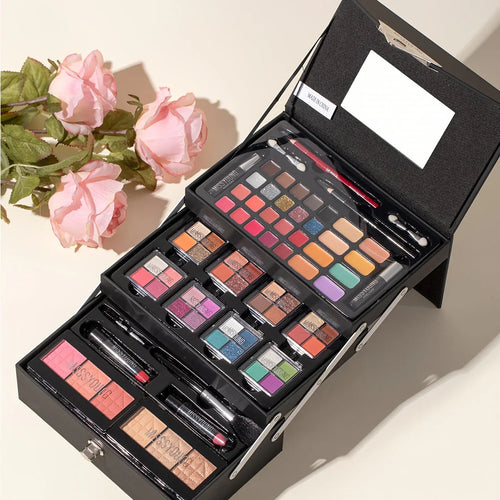 53pcs Night Black Step Case Makeup Set - Portable, Waterproof Design with Eyeshadow, Highlighter, Blush, Concealer, Lip Gloss, Eyeliner, Eyebrow Pencil, Brushes - Tidesmit