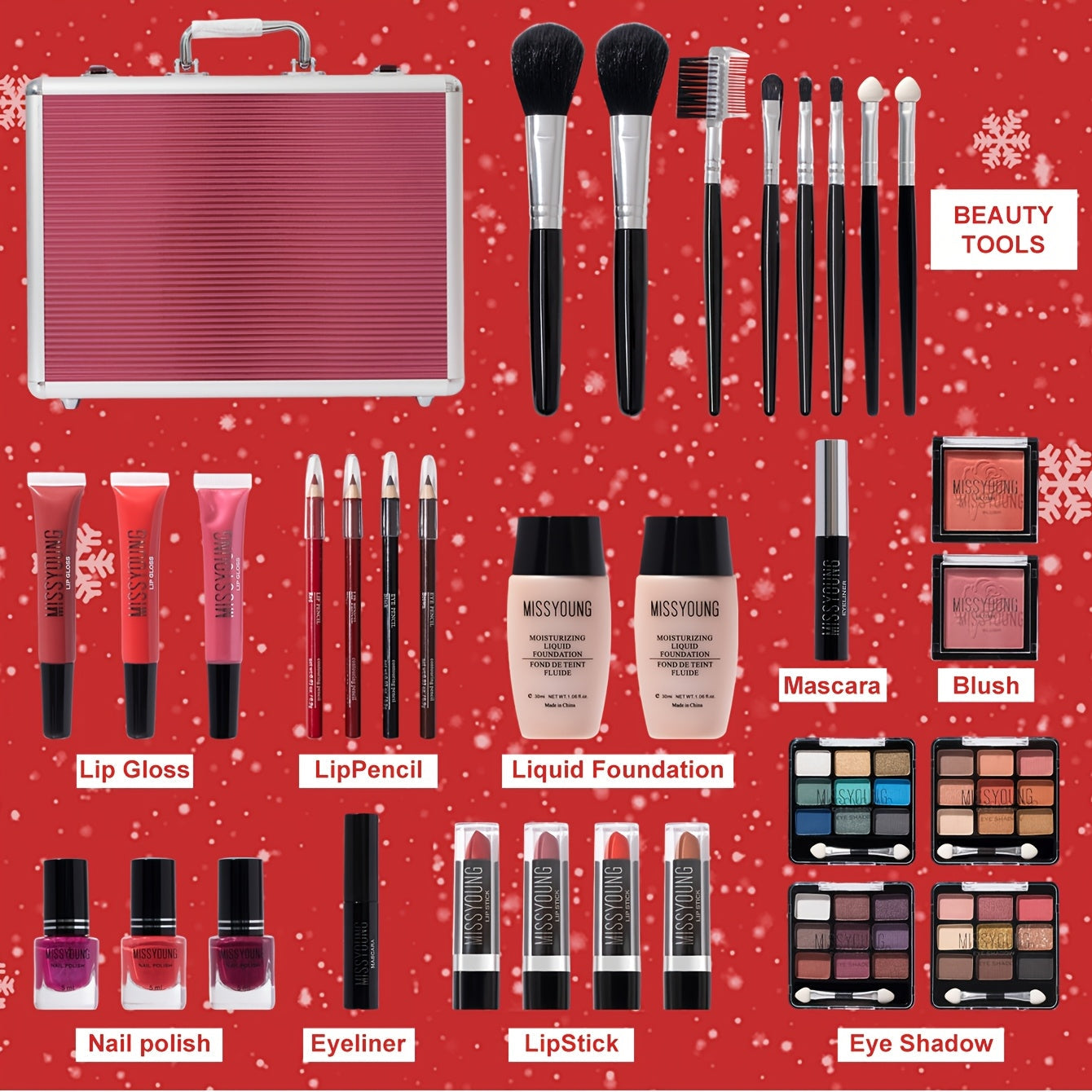 Silvery & Pink Professional Artist Makeup Bag: All-in-One Luxury Makeup Set | 10 Face Eyes & Lips Essentials + Travel Anti-Theft Organizer, Backstage to Ballroom Glamour In One Box, Instant Red Carpet, Halloween & Christmas. Tidesmit