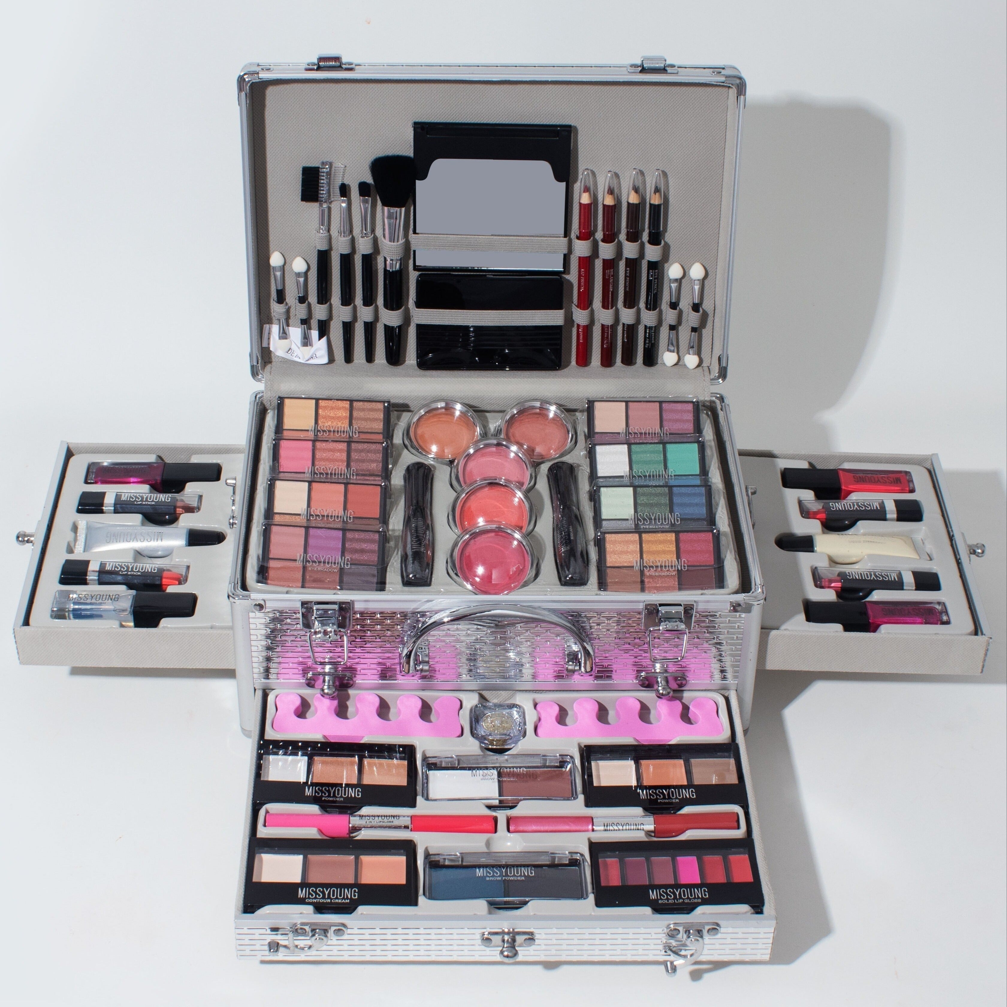 106pcs Professional Makeup Kit Complete Set with Eyeshadow Palette (warm & cool tones), Lipstick, Mascara, Lip Liner, Brushes & Applicators - Full-Size Collection for Beginners/Pros, Wedding, Photoshoot, Daily Use - Luxury Silvery Tidesmit