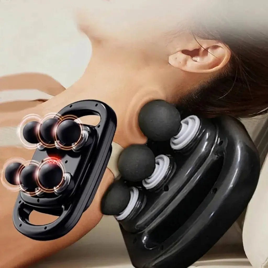 Black deep tissue massage gun with three round heads pressed against neck