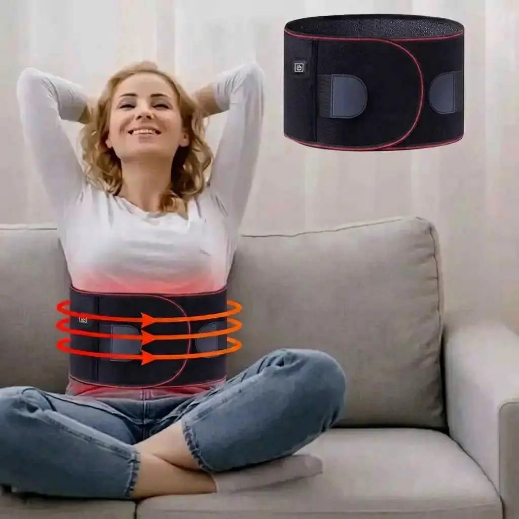 Black thermal lumbar light therapy belt with red edge trim and side control panels