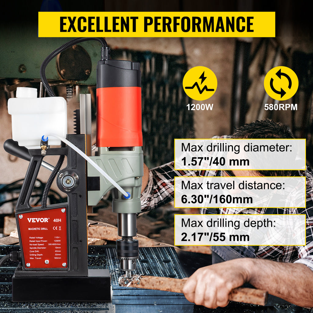 SucceBuy Magnetic Drill 1200W 1.57" Boring Diameter 2922lbf/13000N Portable Electric Mag Drill Press 580 RPM Drilling Machine