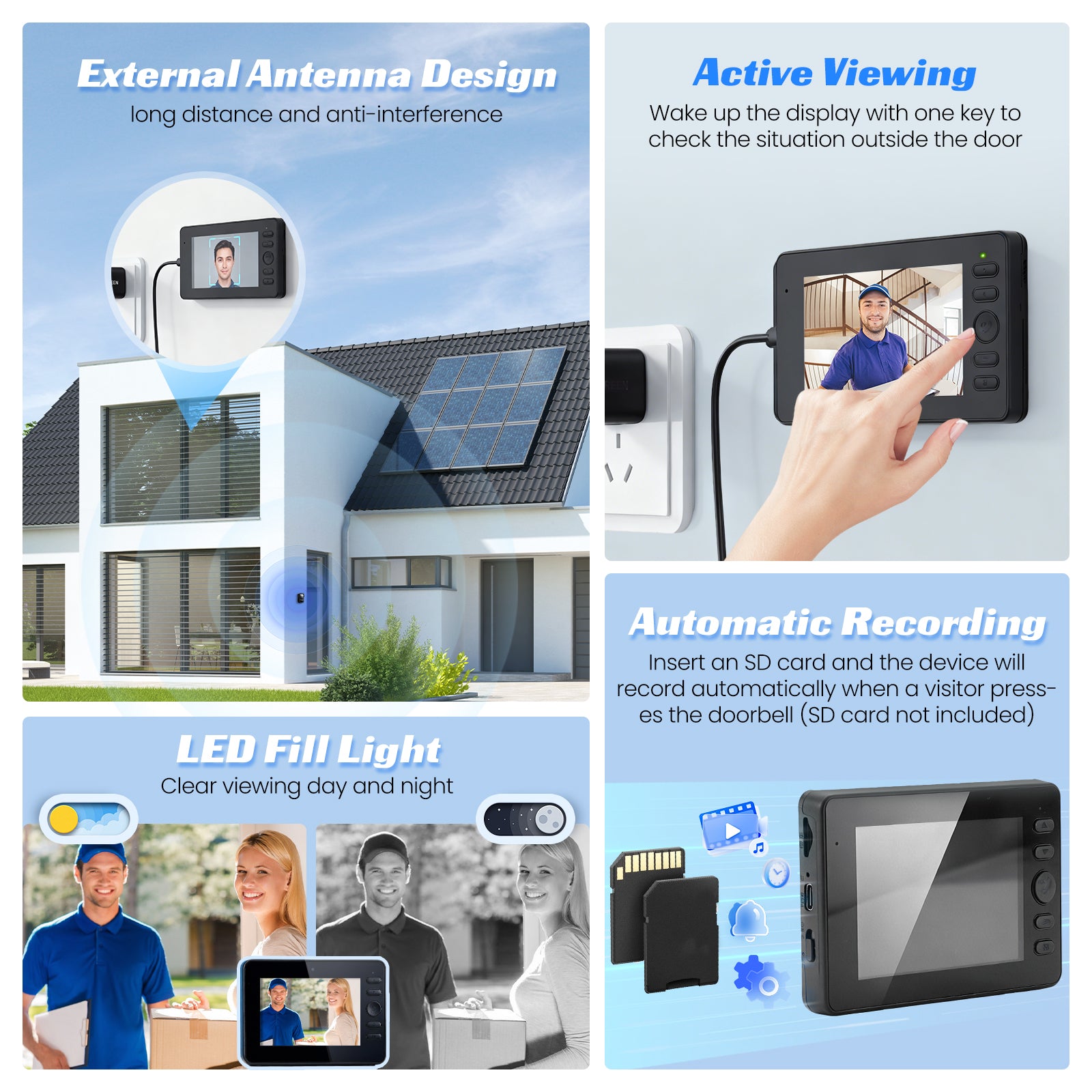 Outdoor Wireless Doorbell With Camera IP65 Waterproof 1080P HD 4.3" Screen 2.4G Video Doorbell Two-Way Audio Night Vision