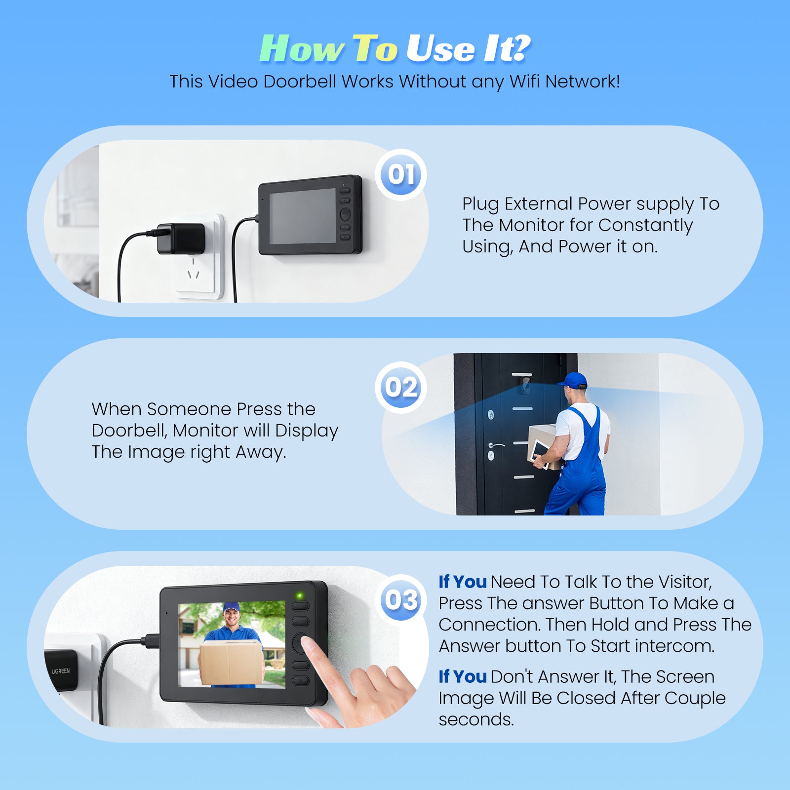 Outdoor Wireless Doorbell With Camera IP65 Waterproof 1080P HD 4.3" Screen 2.4G Video Doorbell Two-Way Audio Night Vision